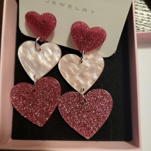 Heart Earrings Dangle Drop Dangling Ladies Girl Pink Valentines Jewelry Gift - Picture 1 of 10